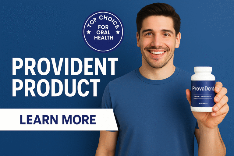 Smiling man holding a bottle of ProvaDent dietary supplement with a "Top Choice for Oral Health" badge, alongside bold text reading "Provident Product" and a "Learn More" call-to-action.